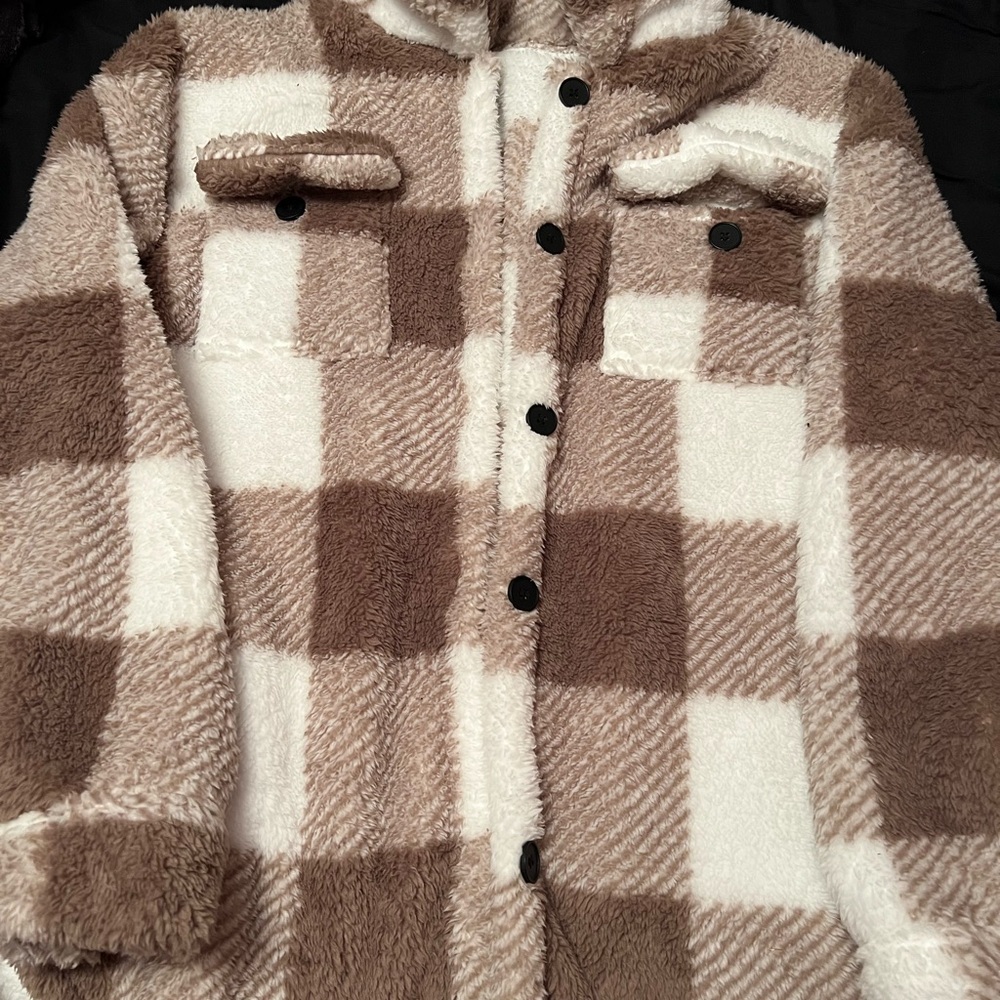 Plaid Sherpa Jacket in Brown and White